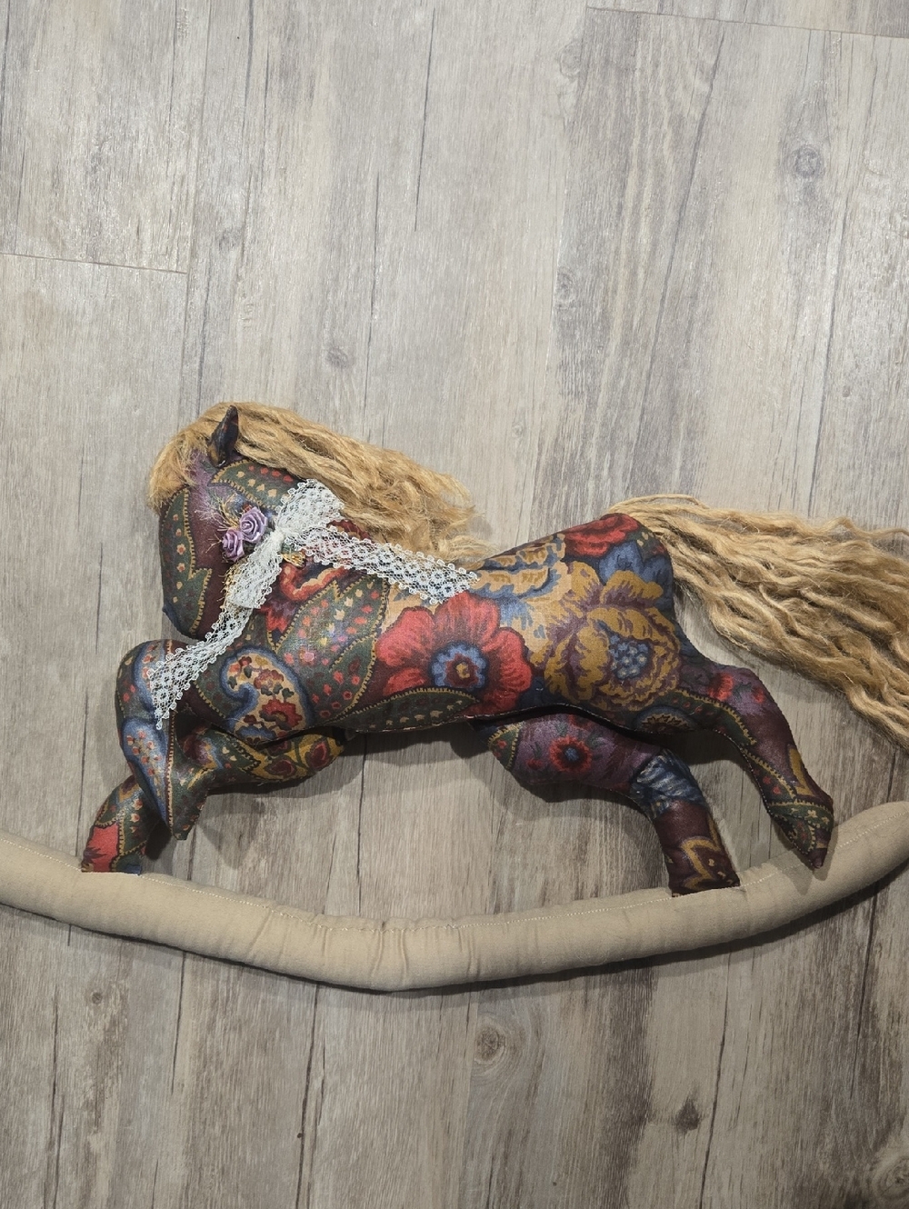 Vintage Handcrafted Cottagecore Floral Fabric Rocking Horse Wall Art.